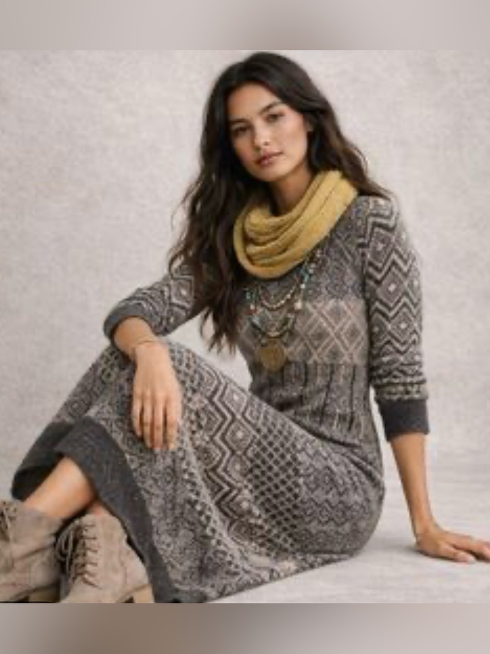 Sparrow Anthropologie Politico Geometric Knit Maxi Sweater Dress Grey Tan Small